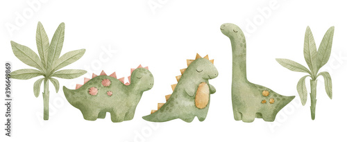 Tableau sur toile Watercolor illustration set with cute dino toys for kids