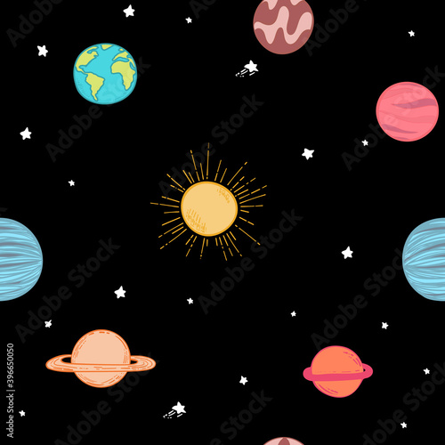 Universe seamless pattern vector illustration. Cartoon galaxy with comets  asteroids  stars  sun  moon  earth   planets
