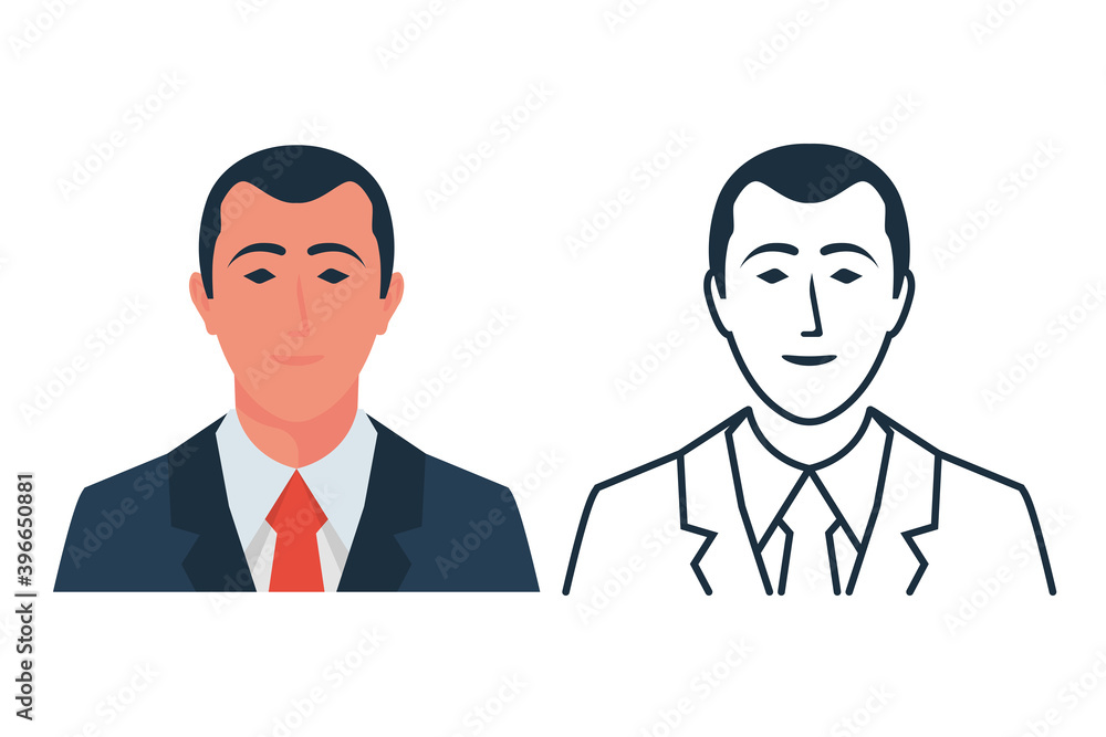Avatar of a businessman in a suit and tie. The presentable person in a linear style. Set for design and promotion. Vector illustration flat design. Isolated on white background. Avatar of a businessman in a suit and tie. The presentable person in a linear style. Set for design and promotion. Vector illustration flat design. Isolated on white background.