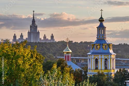 Russia. Moscow. Observation deck of the Russian Academy of Sciences. Temple of Science (Moscow State University) and Temple of Faith (St. Andrew's Monastery)