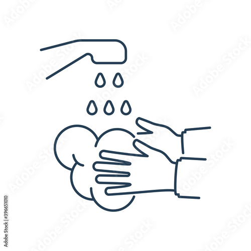 To wash hands black line icon. Hands under the water tap. Vector illustration flat design isolated on white background. Personal hygiene. Disinfection, skin care. Antibacterial washing.