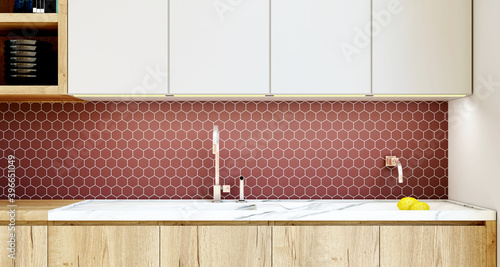 Kitchen interior with mosaic backsplash. 3d rendering.