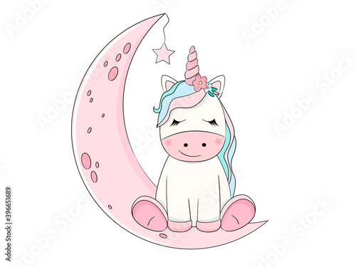 Cute unicorn sitting on the moon. Vector illustration.