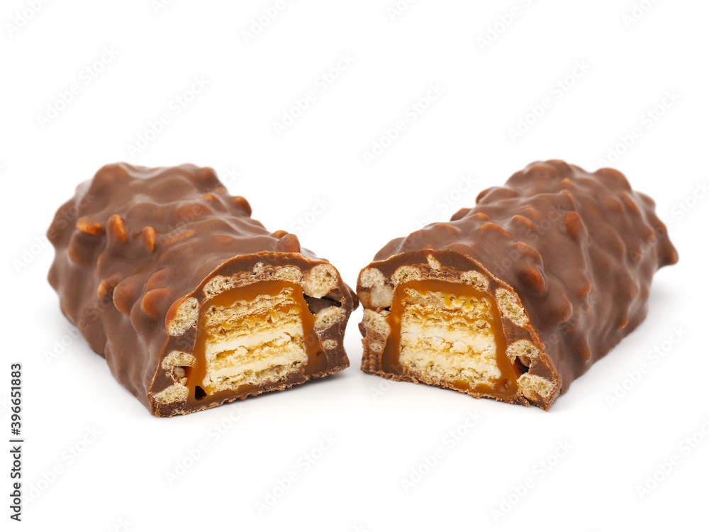 Crispy chocolate bar isolated on white background Crispy chocolate bar isolated on white background