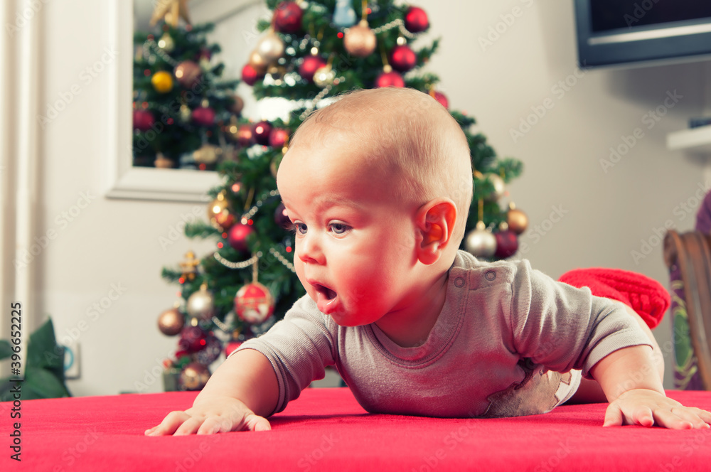 Adorable baby boy crawling beside christmass tree. Concept of celebrations Adorable baby boy crawling beside christmass tree. Concept of celebrations