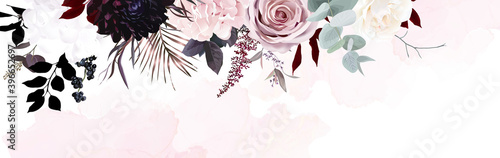 Dusty pink, pastel, black flowers vector design watercolor banner frame