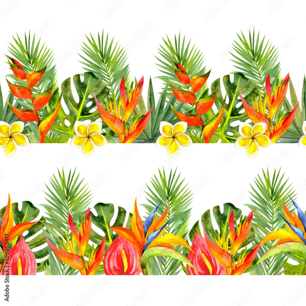 Set with seamless floral borders. Border of tropical flowers and leaves painted in watercolor. For the design of postcards, invitations, wrapping paper, wallpaper and more. Set with seamless floral borders. Border of tropical flowers and leaves painted in watercolor. For the design of postcards, invitations, wrapping paper, wallpaper and more.