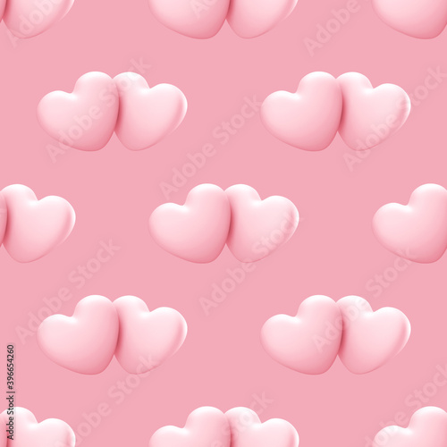 Seamless pattern with couple pink 3d hearts. Love seamless pattern. Pattern to valentines day or wedding. 3d rendering