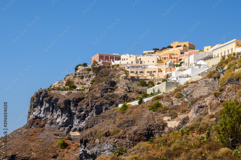 Houses on a hill in Fira on the Santorini Island. Cyclades, Greece