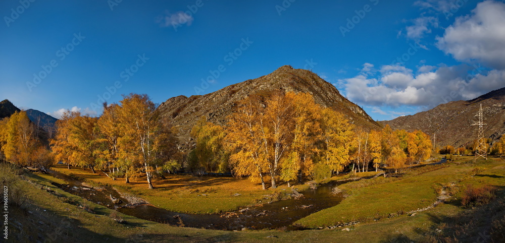 Russia. South Of Western Siberia. Mountain Altai. Early autumn morning on the coast of the Big Ilgumen river near the village of Kupchegen.