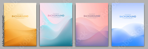 Vector illustration. Minimalist wavy posters. Bright gradient color. Futuristic style. Design for book cover, flyer, leaflet, brochure. Abstract landscapes: desert, hills, sunset scene, sea waves.