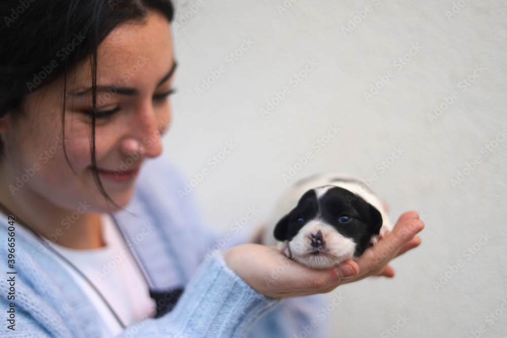 Young woman holding her newborn dog. Young woman holding her newborn dog.