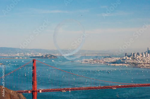Fighter Jet stunt over the Golden Gate Bridge in San Francisco during fleet week air show