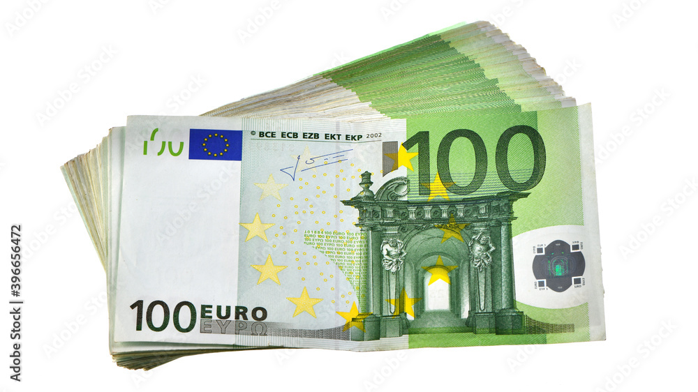 concept of wealth in euros: a pile of 10,000 euros in one hundred 100 euro banknotes isolated on white background - obrazy, fototapety, plakaty 