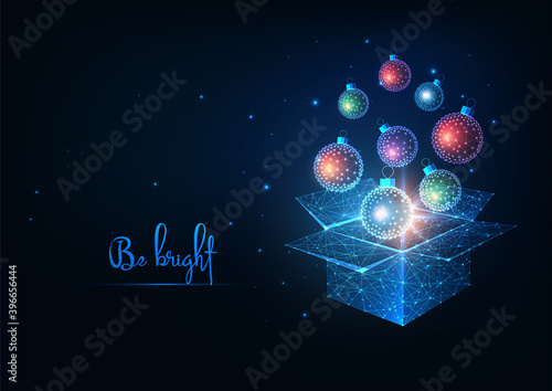 Futuristic Christmas open box with glowing low polygonal xmas baubles for the holiday