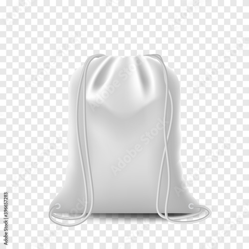 Black Mockup Backpack bag, drawstring isolated on white background. Blank template with bags, realistic vector mockup.