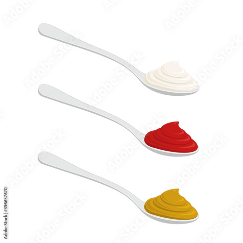 Spoons with mayonnaise, ketchup, mustard. Different sauces isolated on white background. Vector illustration.
