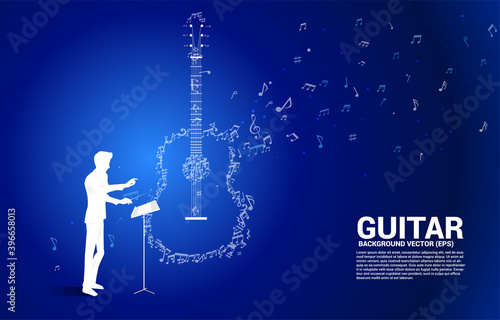 music melody note dancing flow shape guitar icon . Concept background for song and guitar concert theme.