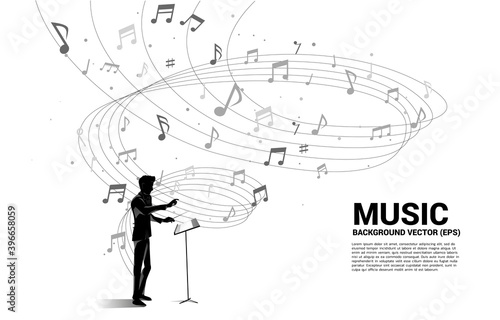vector conductor and music melody note dancing flow . Concept background for song and concert theme.