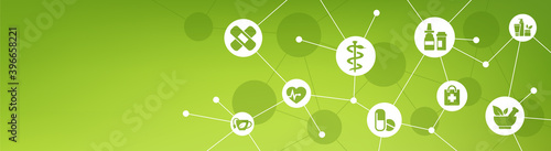 pharmacy / drugstore / chemist vector illustration. Banner with copy space and icons related to pharmaceutical products, medication, natural & herbal remedy, natural cosmetics, green pharmaceutics.