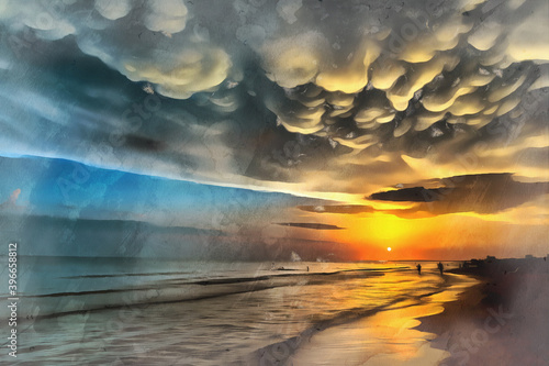 Fototapeta Naklejka Na Ścianę i Meble -  Sunset with beautiful clouds over the seashore colorful painting looks like picture, Black Sea, Russia.