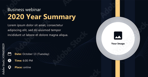 Modern business webinar with image and contact data on a dark blue background. Minimalistic vector template for webinar, conference, horizontal poster, flyer, meetup, party, event, web header