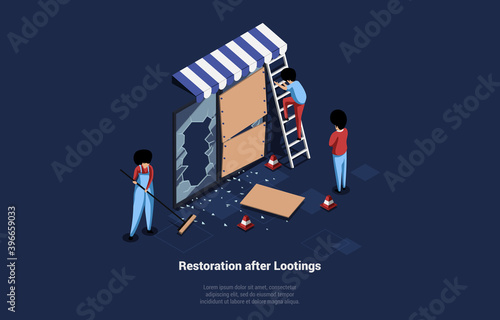 Group Of Three People Making Restoration Of Building Glass Window After Looting And Breaking. Cartoon Vector Illustration In 3D Style. Isometric Composition With Male And Female Characters Cleaning