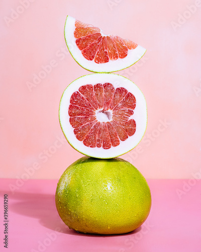 Close up of stack of grapefruits on table