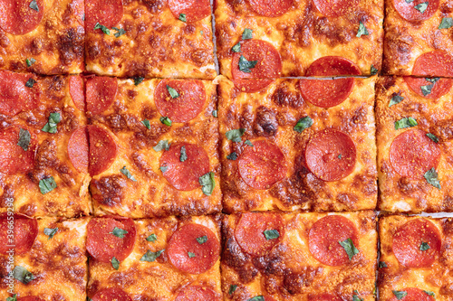 Overhead view of Sicilian pepperoni pizza