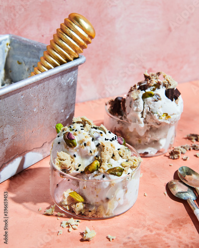 Sesame tahini halva with vanilla ice cream served in cups
