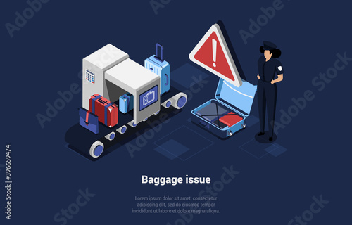 Airport Worker Character Checking Luggage On Moving Strip. Baggage Issue Concept Illustration In Cartoon 3D Style. Isometric Vector Composition Of Suitcases Review And Control Before Plane Departure