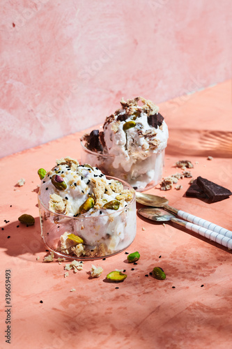 Sesame tahini halva with vanilla ice cream served in cups