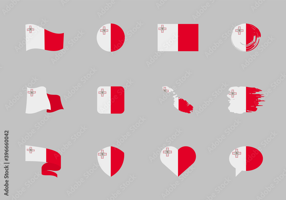 Malta flag - flat collection. Flags of different shaped twelve flat icons. - obrazy, fototapety, plakaty 