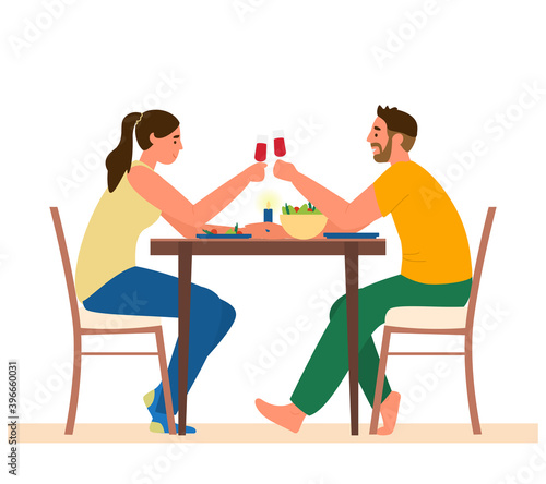 Couple Having Romantic Dinner At Home. Man And Woman Sitting At Table With Snacks Rasing Glass Of Wine. Vector Illustration. Isolated On White.
