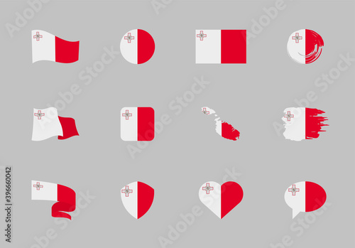 Malta flag - flat collection. Flags of different shaped twelve flat icons.