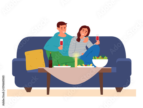 Couple Having Romantic Dinner At Home. Man And Woman Sitting On The Couch  At Table With Snacks Rasing Glass Of Wine. Vector Illustration. Isolated On White.