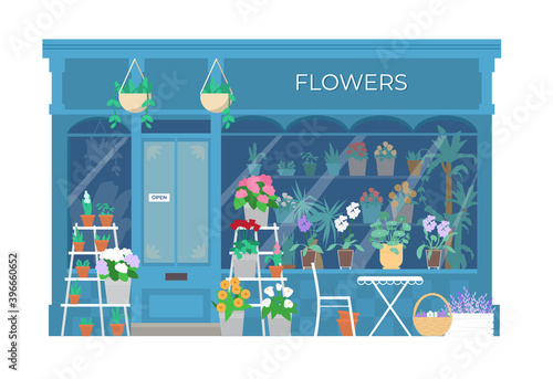 Vector Flower Shop Building Front Flat Illustration. Showcase With Plants And Flowers In Buckets And Pots. Isolated On White.