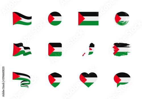 Palestine flag - flat collection. Flags of different shaped twelve flat icons.