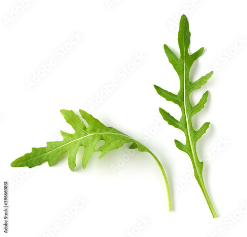 fresh green arugula leaves isolated on white background, top view