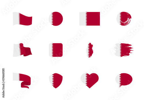 Qatar flag - flat collection. Flags of different shaped twelve flat icons.