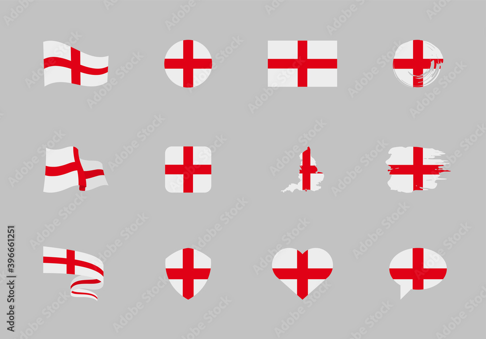 England flag - flat collection. Flags of different shaped twelve flat icons.