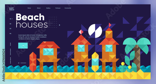 Vector illustration. Presentation slide. Vector illustration. Beach houses, surf camp. illustration in modern style, mosaic, vector polygons.