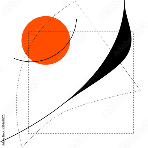 Abstract composition with the lines, dotted line and orange shape.