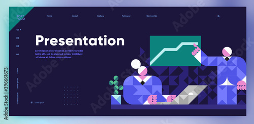 Vector illustration. Presentation slide. A man makes a presentation, a girl with a laptop sits at the table. Slide presentation, web page, cover. Business illustration in modern style, mosaic, vector