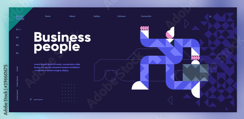 Vector illustration. Presentation slide. A businessman with a briefcase runs. Slide presentation, web page, cover. Business illustration in modern style, mosaic, vector polygons.