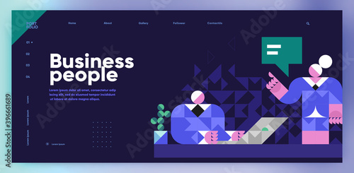 Vector illustration. The girl is talking, the man is sitting at the table with a laptop. Slide presentation, web page, cover. Business illustration in modern style, mosaic, vector polygons.