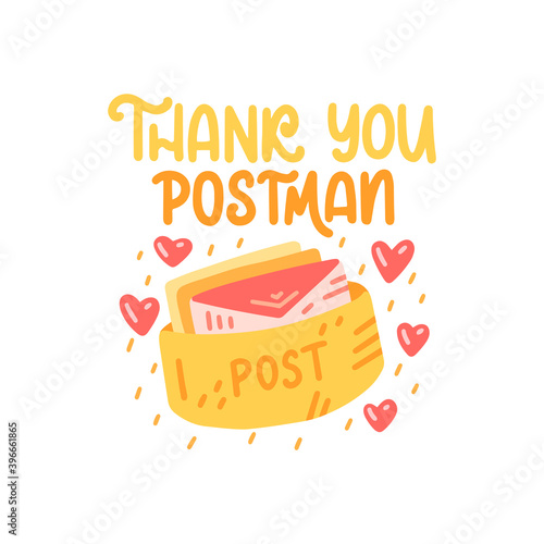 Thank you postman - cute colorful vector doodle with lettering for mail, postage and postcrossing. Letterbox, letter box, hearts, envelopes, letters. Vector template for card, banner, poster, sticker