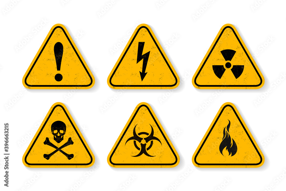 Vector Textured Grunge Yellow Simple Signs Isolated on White Background. Biohazard, Danger, Caution, Electricity, Radiation, Skull Symbol Icon Set. Warning Labels. Design Template. Front View Vector Textured Grunge Yellow Simple Signs Isolated on White Background. Biohazard, Danger, Caution, Electricity, Radiation, Skull Symbol Icon Set. Warning Labels. Design Template. Front View