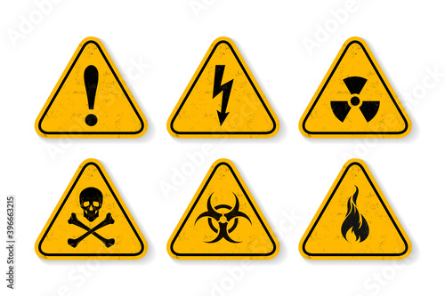 Vector Textured Grunge Yellow Simple Signs Isolated on White Background. Biohazard, Danger, Caution, Electricity, Radiation, Skull Symbol Icon Set. Warning Labels. Design Template. Front View