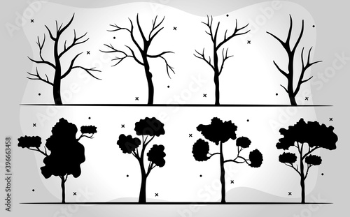 bundle of eight trees forest silhouette style icons in gray background vector illustration design
